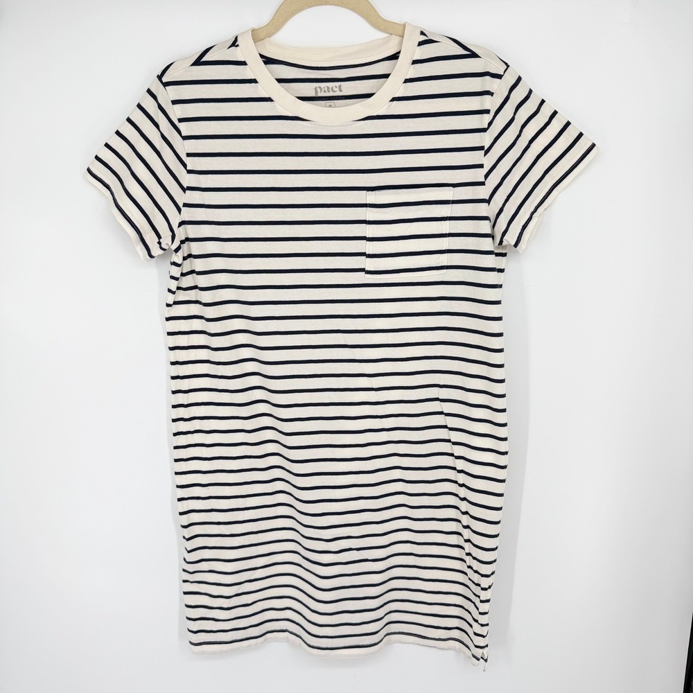 Pact Organic Cotton T-Shirt Mini Dress Size M Navy White Stripe Coastal Beach
